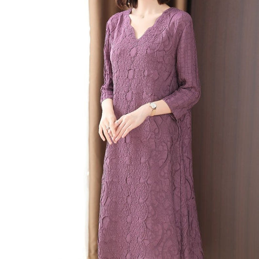 Fashionable V-neck Embroidered Mid-length Loose A-line Dress