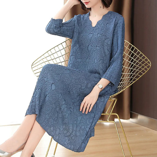 Fashionable V-neck Embroidered Mid-length Loose A-line Dress
