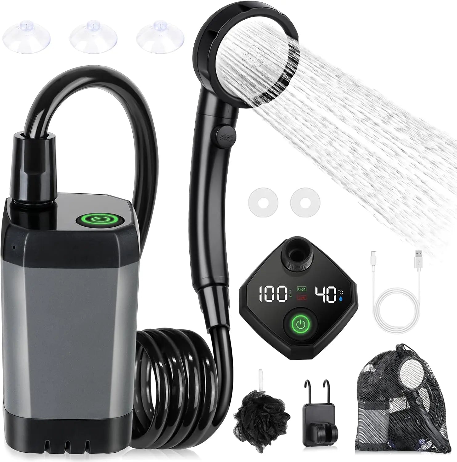 Rechargeable Portable Camping Shower with LED Display, 4 Spray Modes, IPX7 Waterproof for Outdoor Travel & Pet Washing