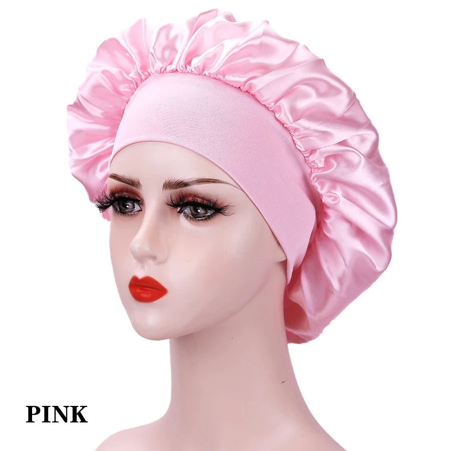 1PC Women's Satin Solid Bonnets Wide-brimmed Night Sleeping Bathing Hat Unisex Head Wrap Elastic Band Cap Hair Care Bonnet.