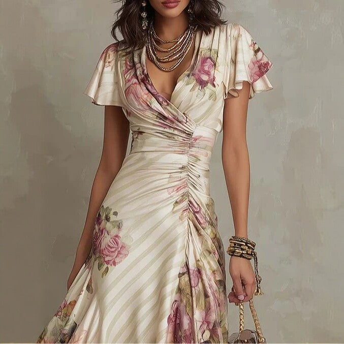 Printed V-neck Defined Waistline Ruffled Hem Dress