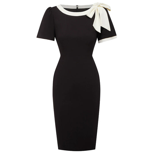Women Crew Neck Short Sleeve Bow Color-Block Slim Fit Dress