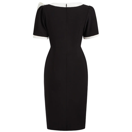 Women Crew Neck Short Sleeve Bow Color-Block Slim Fit Dress