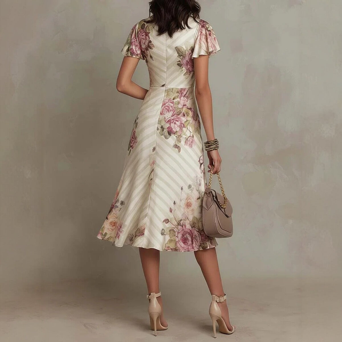 Printed V-neck Defined Waistline Ruffled Hem Dress