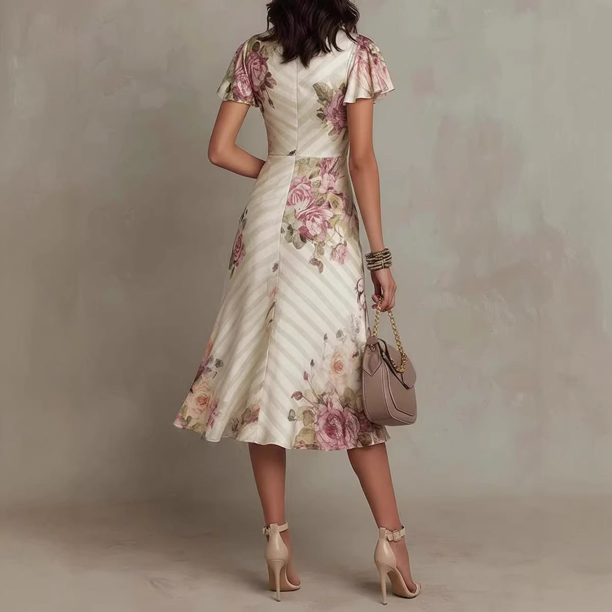 Printed V-neck Defined Waistline Ruffled Hem Dress