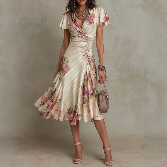 Printed V-neck Defined Waistline Ruffled Hem Dress