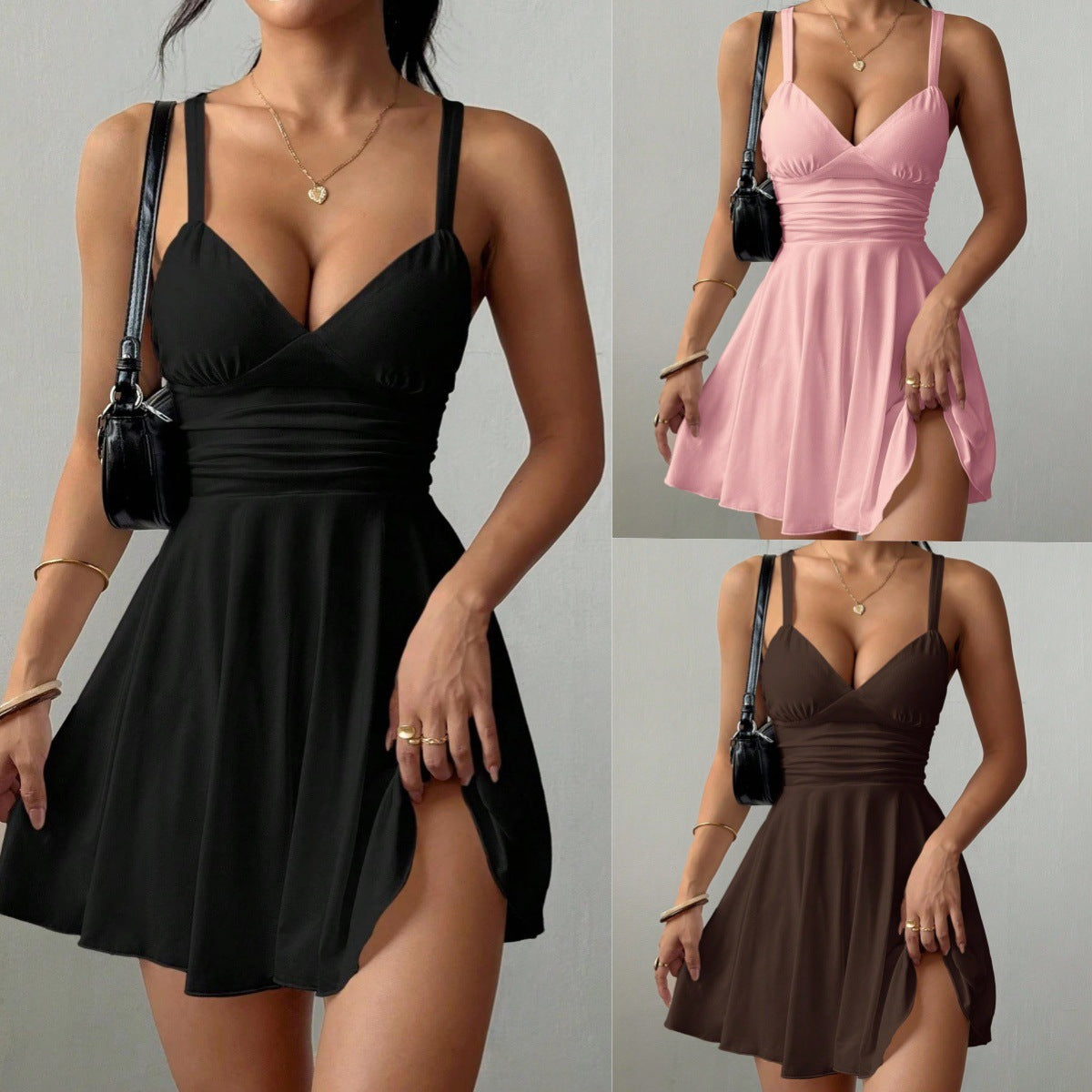 Women's Solid Color Casual Strap V-Neck Formal Dress