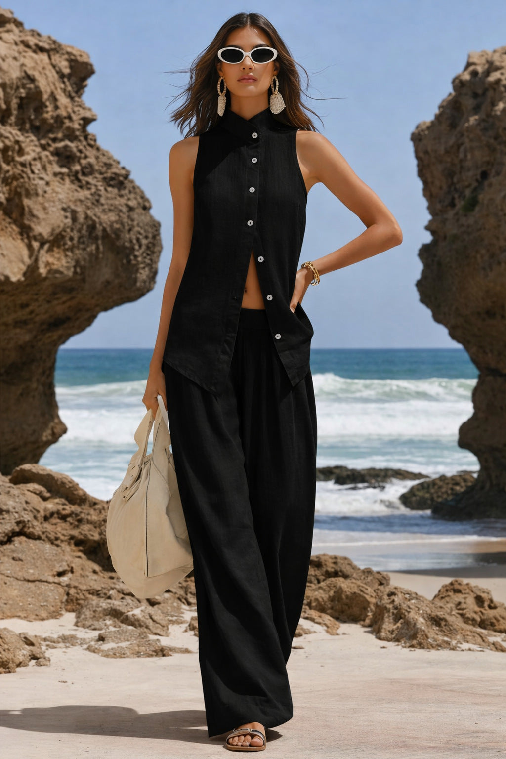 Front-button Cardigan Cotton Top And Pants Set