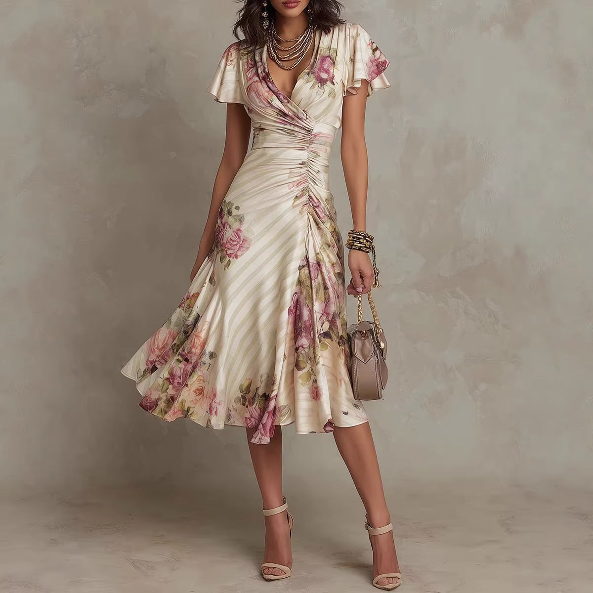 Printed V-neck Defined Waistline Ruffled Hem Dress