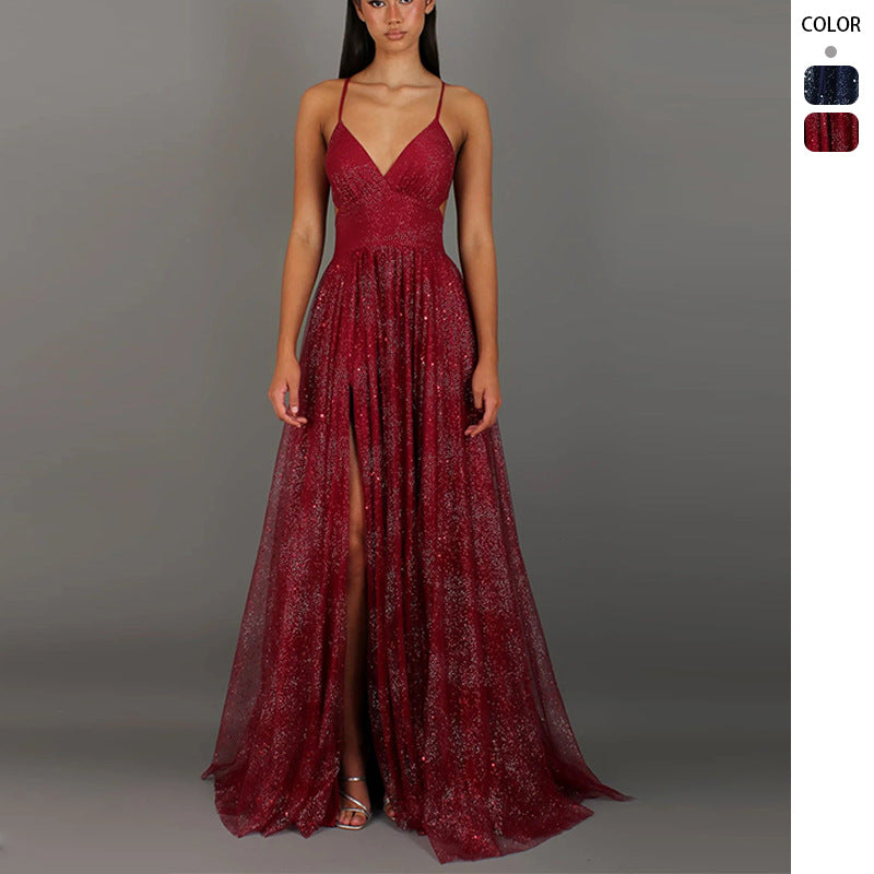 Elegant Womens V-neck Sleeveless Strapless Dress With A Flared Hem High Waist Split Women Long Dresses Party Dress