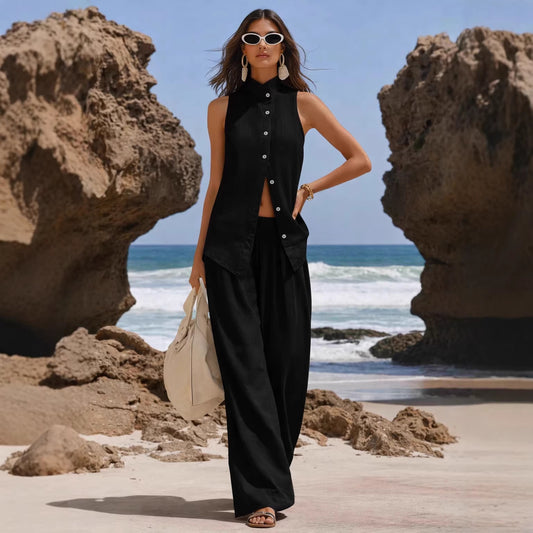 Front-button Cardigan Cotton Top And Pants Set