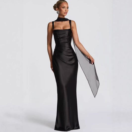 Square Neckline Collarbone-baring Strapless Figure-hugging Pleated Waist-cinching Sheath Skirt