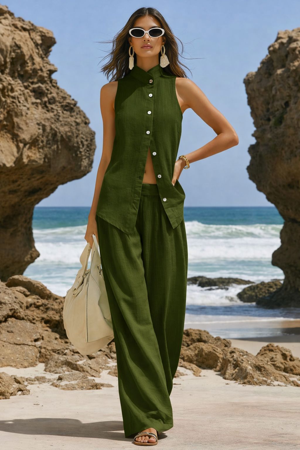 Front-button Cardigan Cotton Top And Pants Set