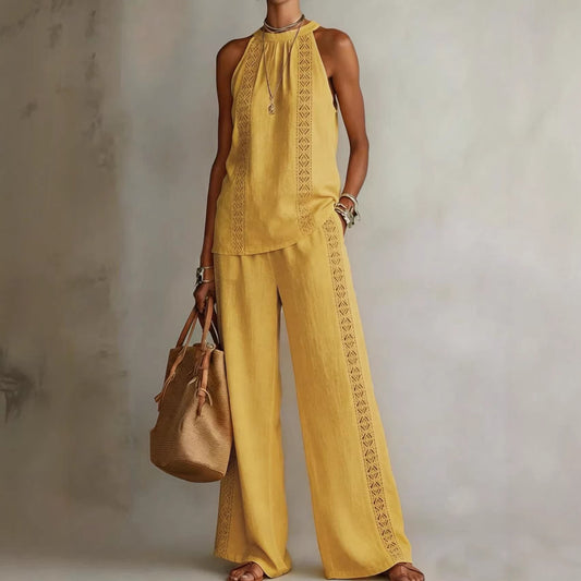 Womens Retro Lace Sleeveless Top And Wide-Leg Pants Two-Piece Set