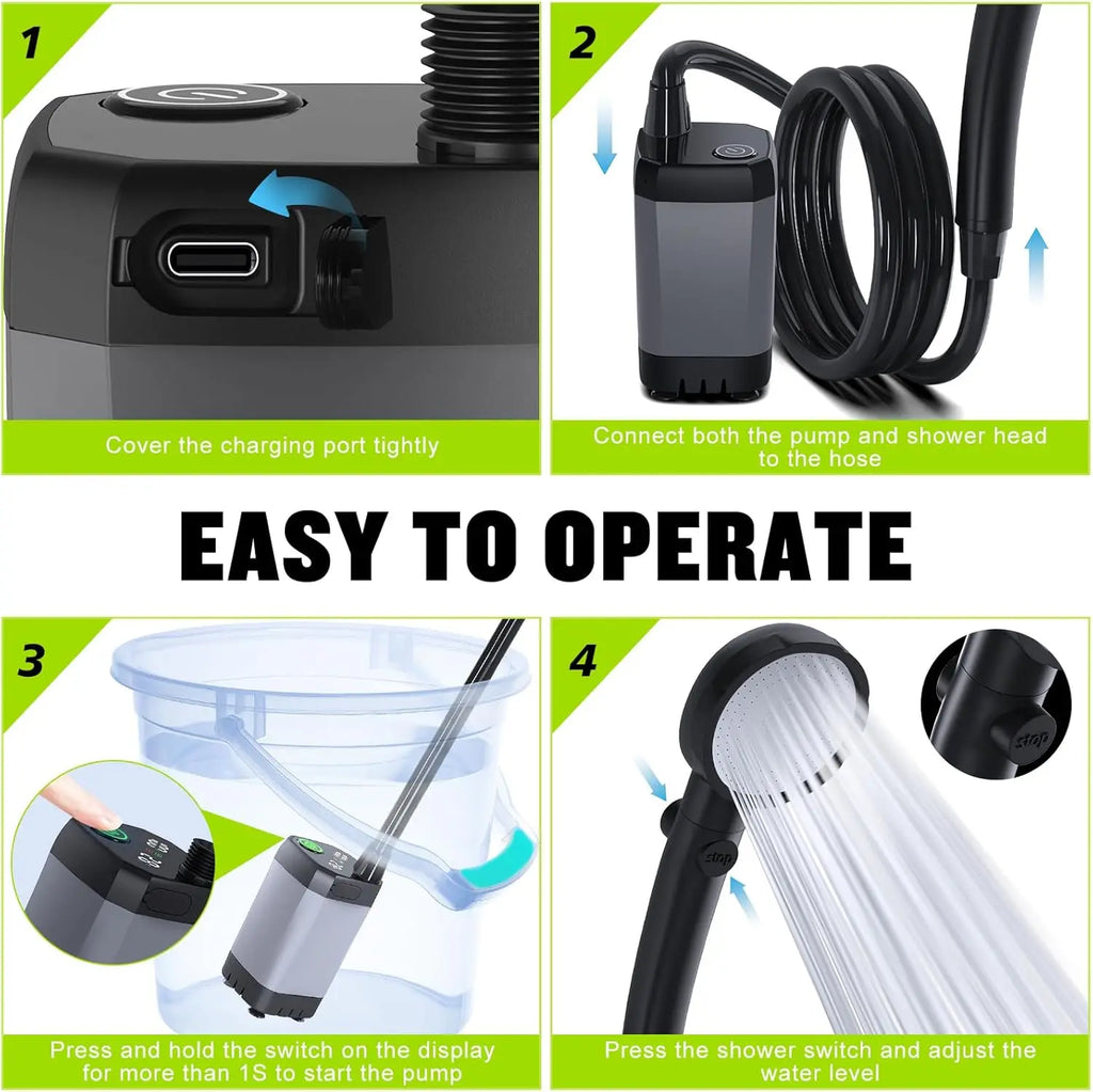 Rechargeable Portable Camping Shower with LED Display, 4 Spray Modes, IPX7 Waterproof for Outdoor Travel & Pet Washing