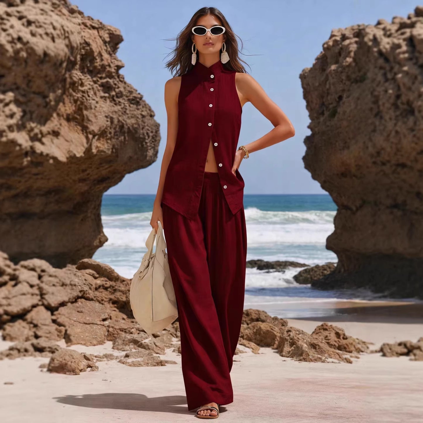 Front-button Cardigan Cotton Top And Pants Set